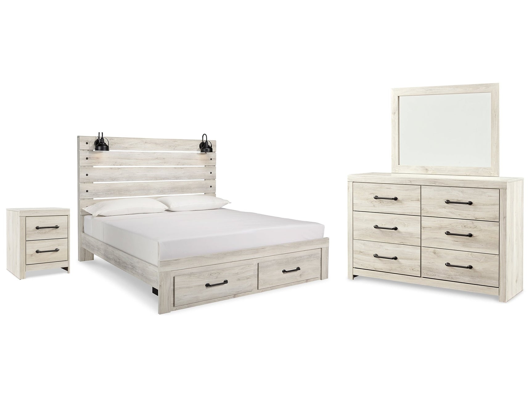 Cambeck Whitewash King Panel Storage Bed, Dresser, Mirror and Nightstand - Ornate Home
