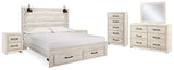 Cambeck Whitewash King Panel Storage Bedroom Set with Dresser, Mirror, Chest and 2 Nightstands - Ornate Home