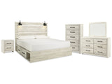 Cambeck Whitewash King Panel Storage Bedroom Set with Dresser, Mirror, Chest and Nightstand - Ornate Home