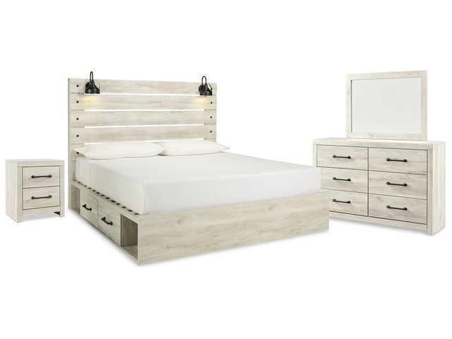 Cambeck Whitewash King Panel Storage Bedroom Set with Dresser, Mirror and Nightstand - Ornate Home