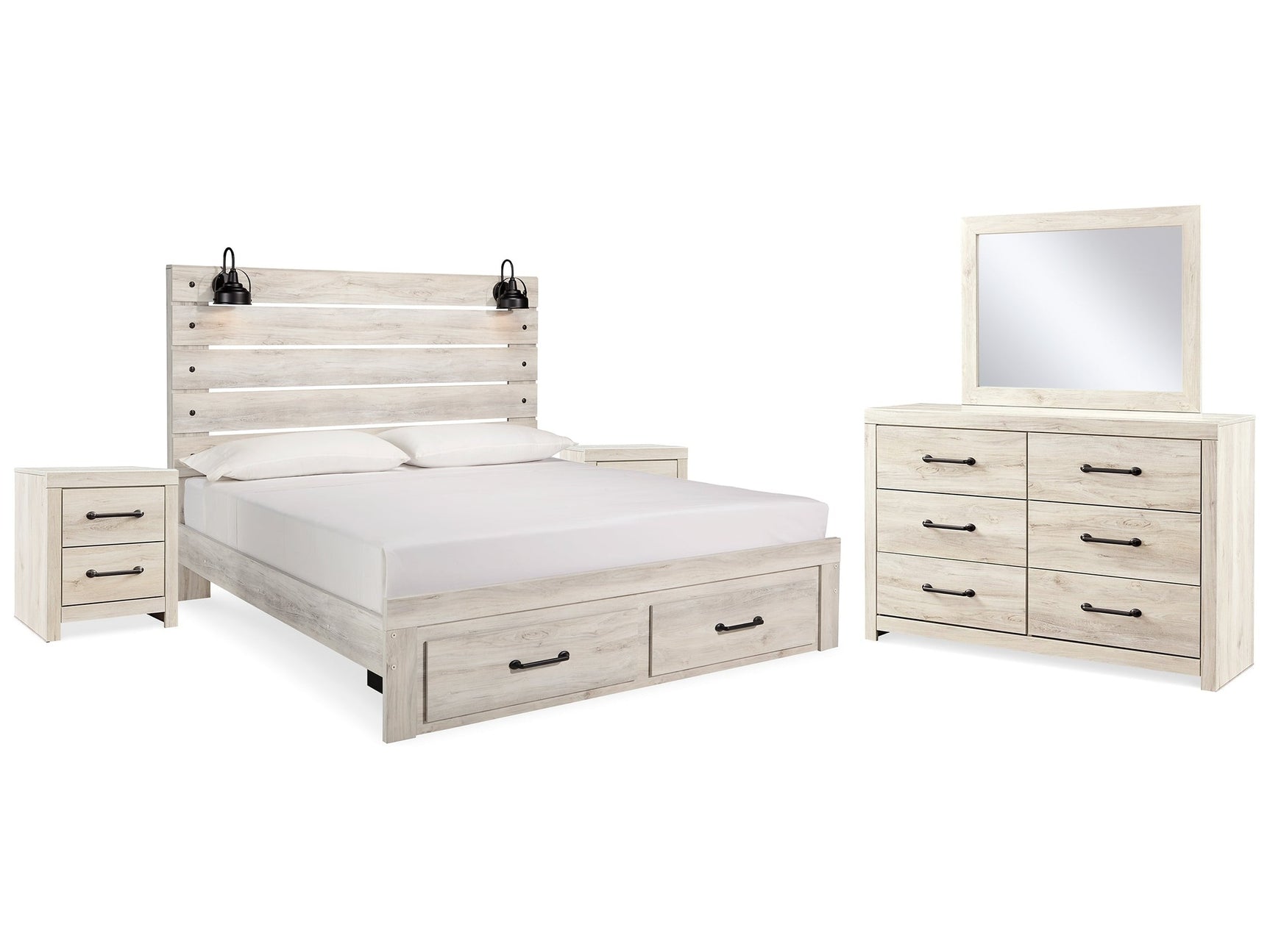 Cambeck Whitewash King Storage Bedroom Set with Dresser, Mirror and 2 Nightstands - Ornate Home