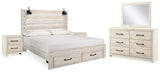 Cambeck Whitewash King Storage Bedroom Set with Dresser, Mirror and 2 Nightstands - Ornate Home
