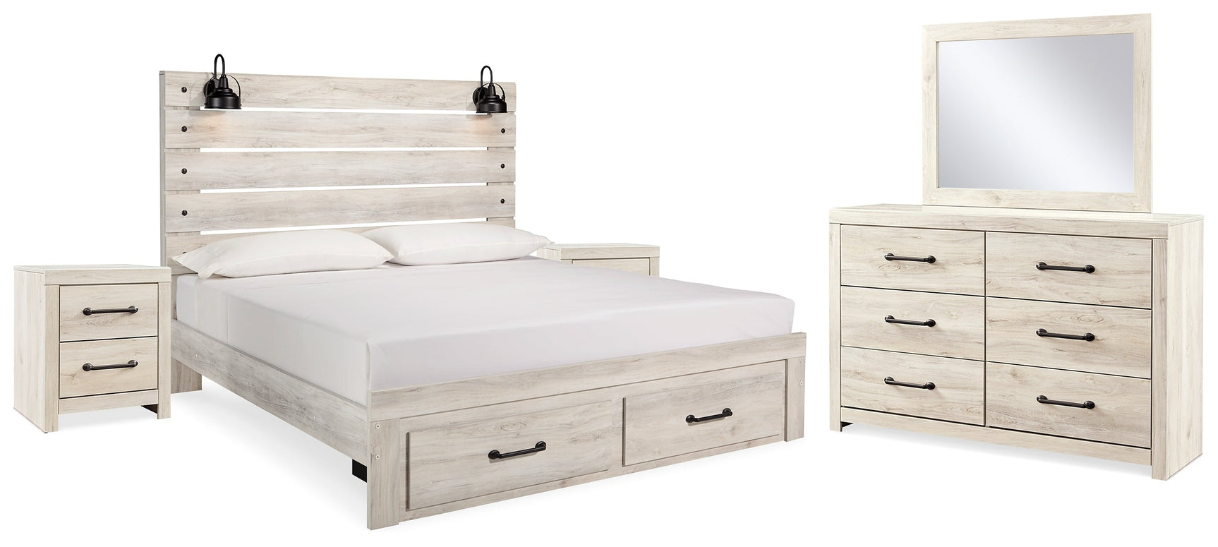 Cambeck Whitewash King Storage Bedroom Set with Dresser, Mirror and 2 Nightstands - Ornate Home