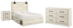 Cambeck Whitewash Queen Panel Bed with Storage, Dresser and Nightstand - Ornate Home