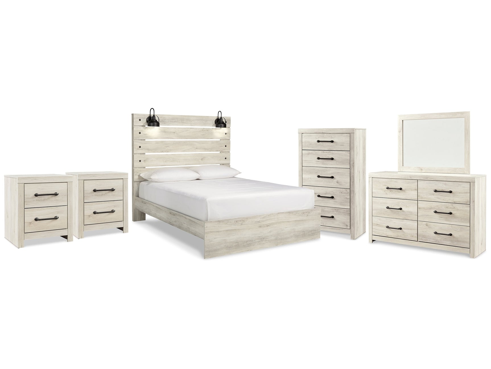Cambeck Whitewash Queen Panel Bedroom Set with Dresser, Mirror, Chest and 2 Nightstands - Ornate Home