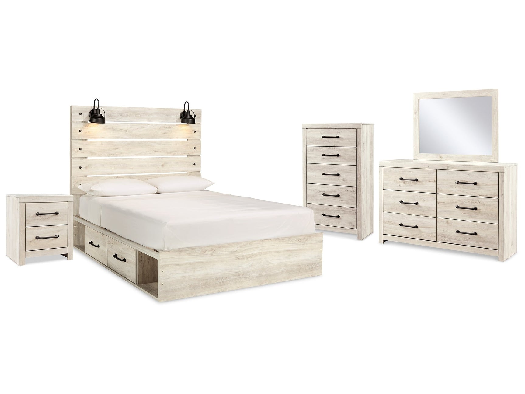 Cambeck Whitewash Queen Panel Bedroom Set with Storage, Dresser, Mirror, Chest and Nightstand - Ornate Home