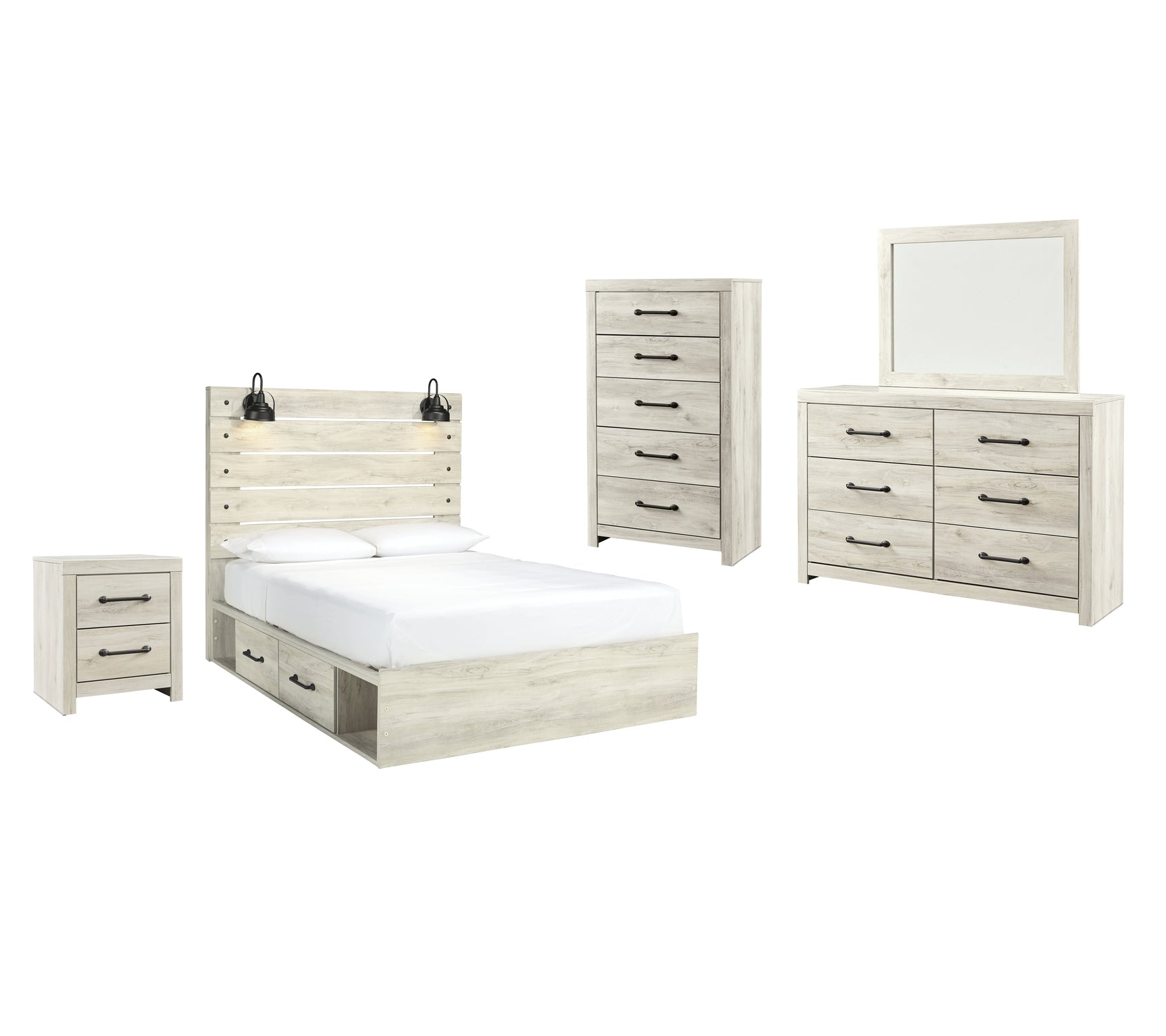 Cambeck Whitewash Queen Panel Bedroom Set with Storage, Dresser, Mirror, Chest and Nightstand - Ornate Home