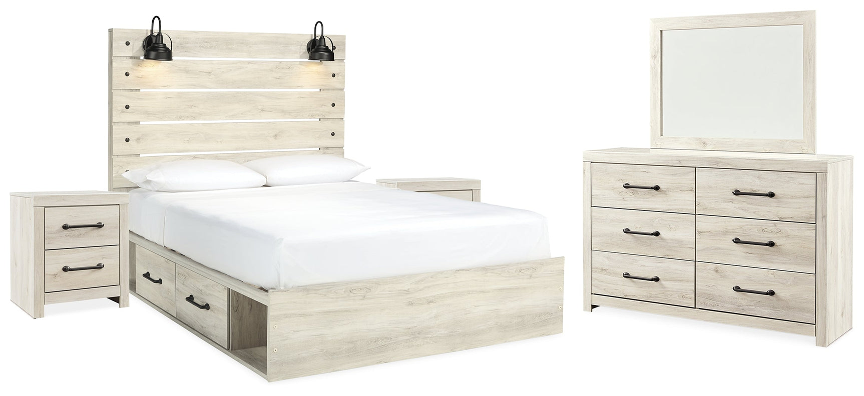 Cambeck Whitewash Queen Panel Bedroom Set with Storage, Dresser, Mirror and 2 Nightstands (Online Special Price) - Ornate Home