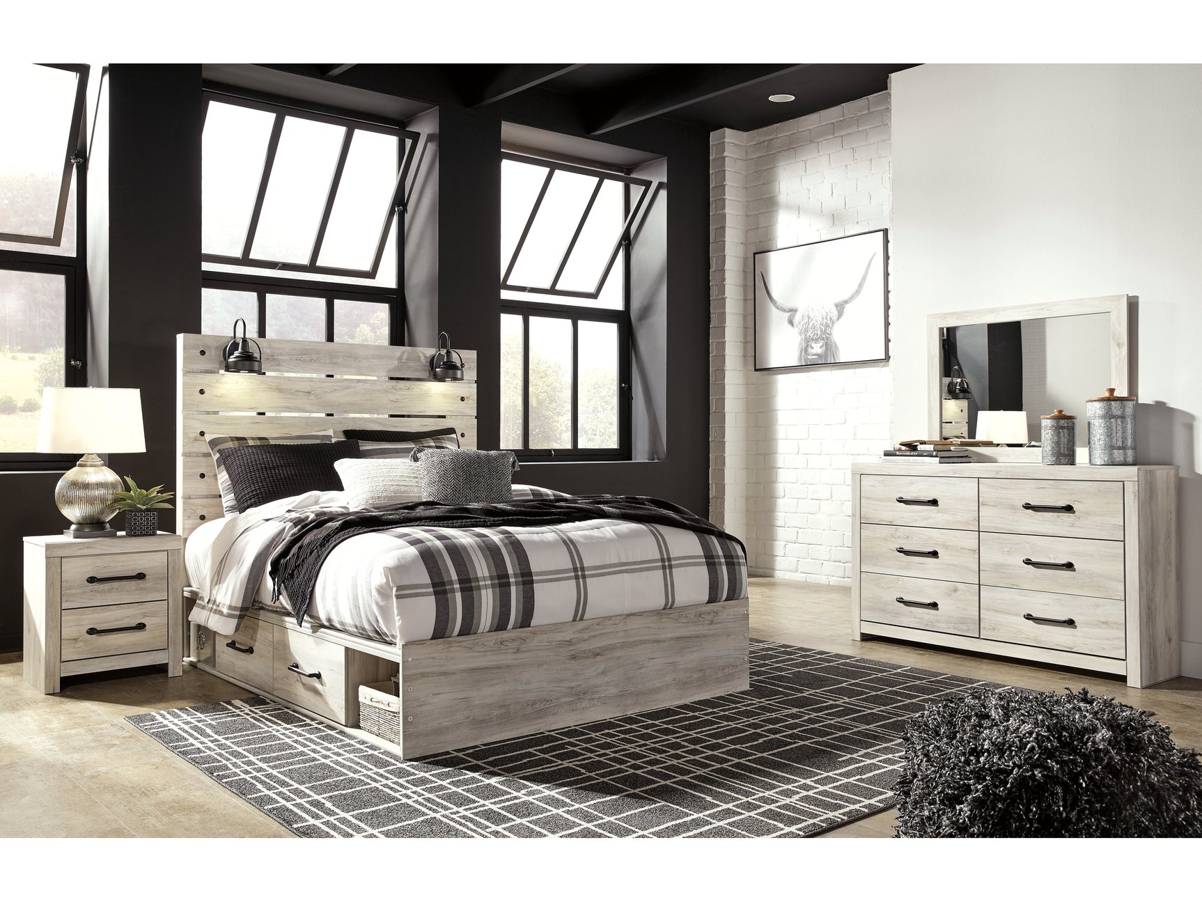 Cambeck Whitewash Queen Panel Bedroom Set with Storage, Dresser, Mirror and 2 Nightstands - Ornate Home