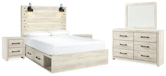 Cambeck Whitewash Queen Panel Bedroom Set with Storage, Dresser, Mirror and 2 Nightstands - Ornate Home
