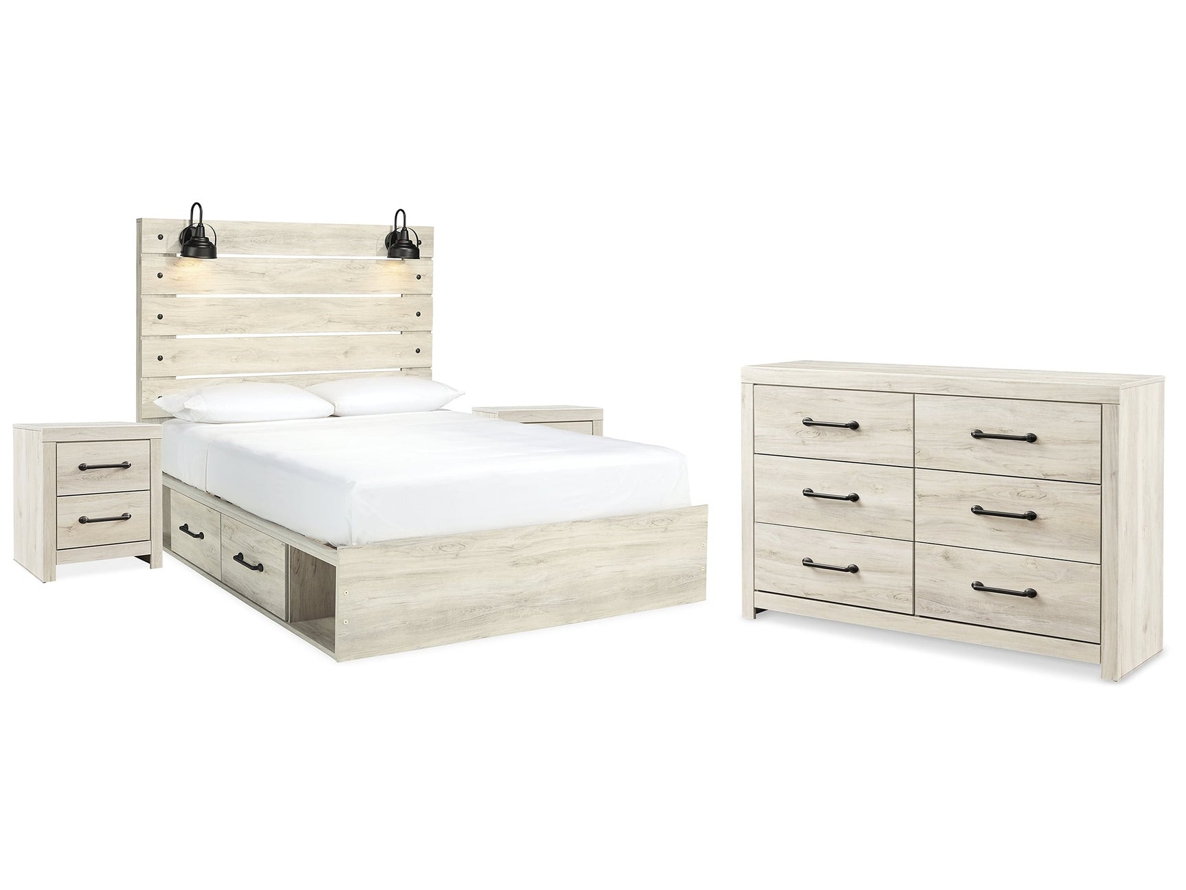 Cambeck Whitewash Queen Panel Bedroom Set with Storage, Dresser and 2 Nightstands - Ornate Home