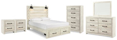 Cambeck Whitewash Queen Panel Storage Bed, Dresser, Mirror, Chest and 2 Nightstands - Ornate Home