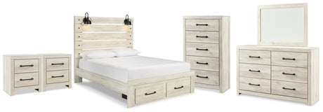 Cambeck Whitewash Queen Panel Storage Bed, Dresser, Mirror, Chest and 2 Nightstands - Ornate Home