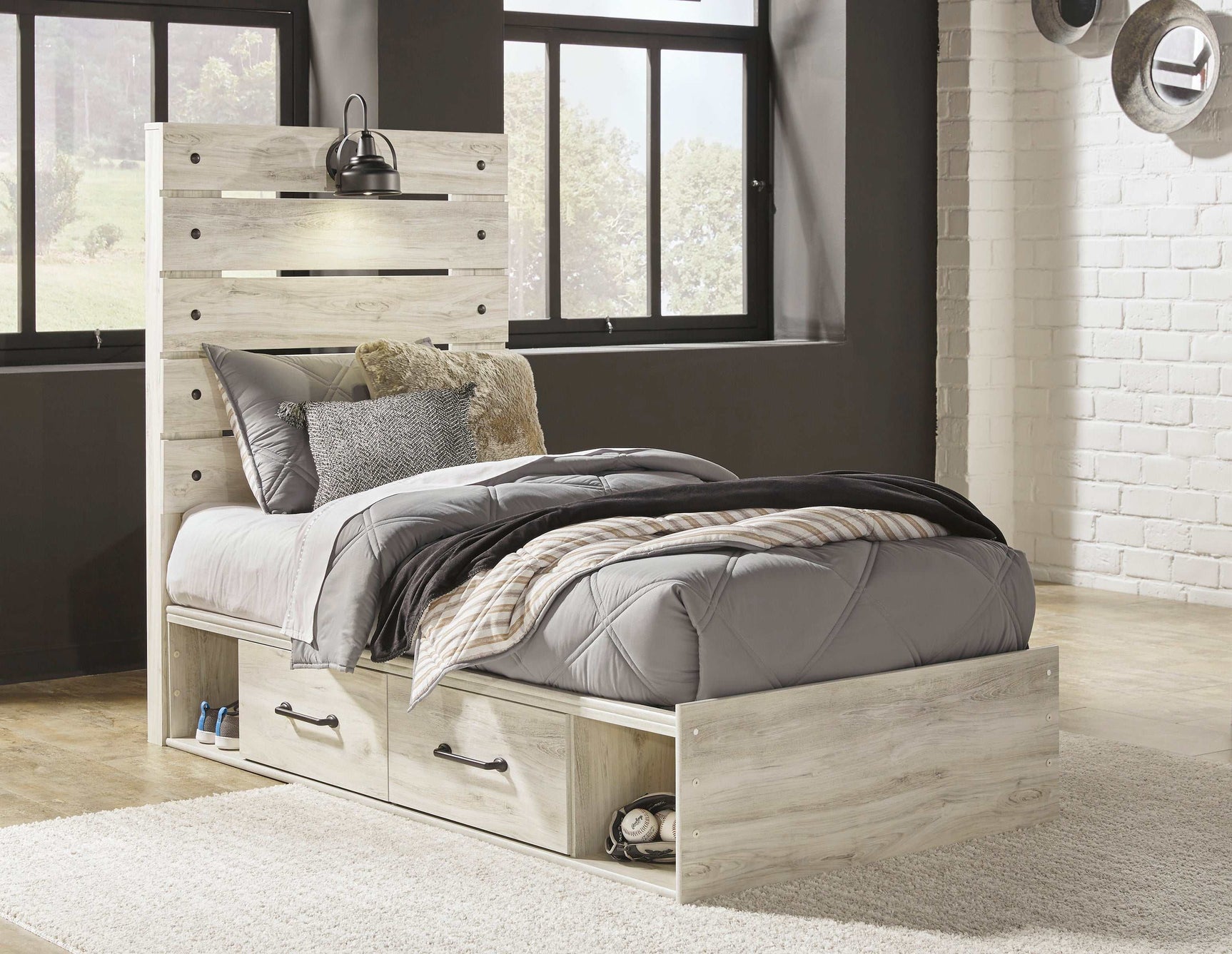 Cambeck Whitewash Twin Panel Bedroom Set w/ 2 Storage Drawers (Online Special Price) - Ornate Home