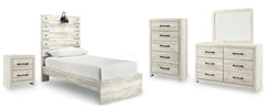 Cambeck Whitewash Twin Panel Bedroom Set with Dresser, Mirror, Chest, and Nightstand - Ornate Home