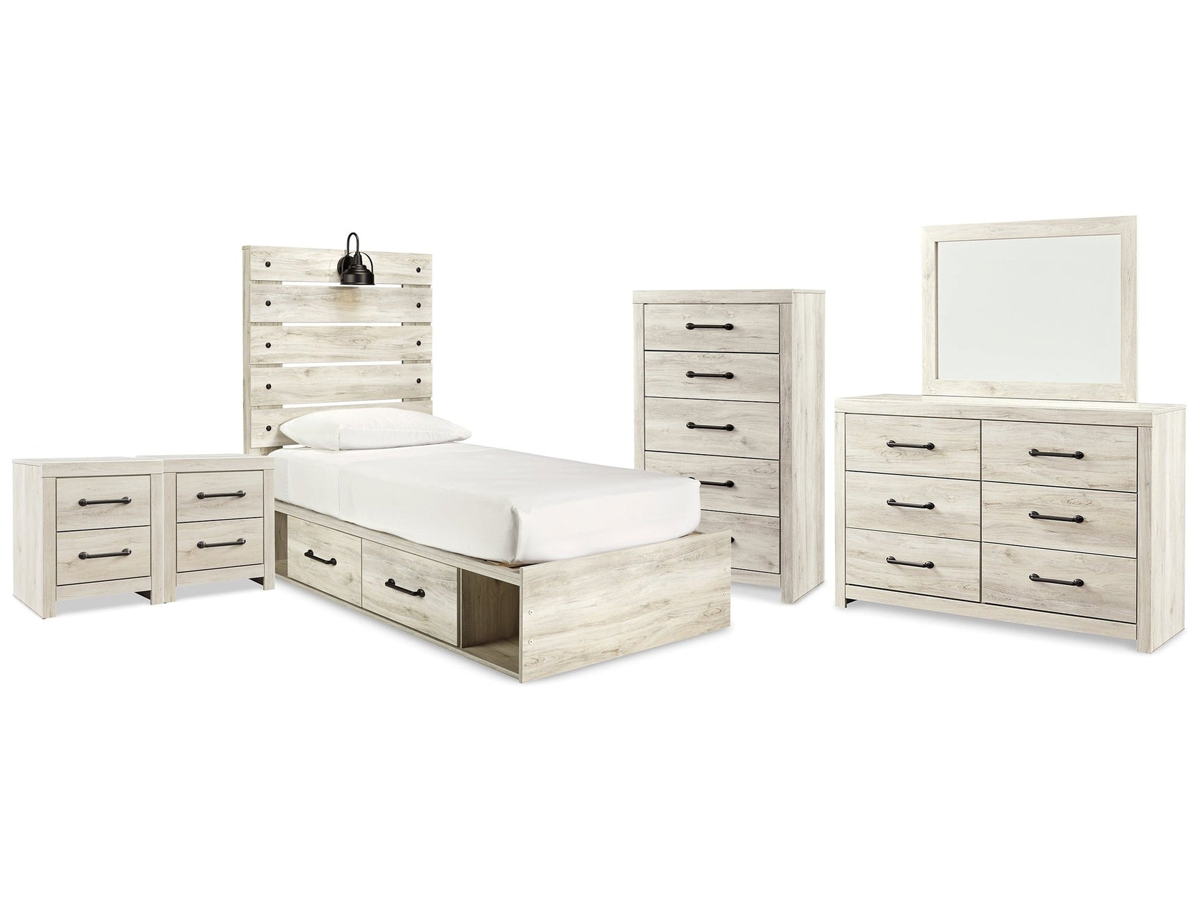 Cambeck Whitewash Twin Panel Bedroom Set with Storage, Dresser, Mirror, Chest and 2 Nightstands (Online Special Price) - Ornate Home