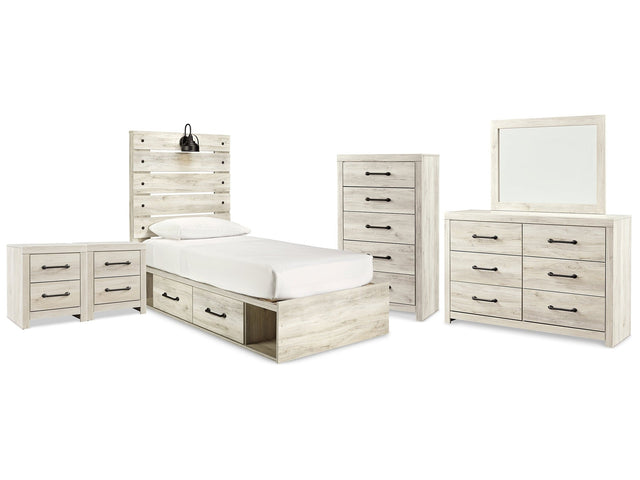 Cambeck Whitewash Twin Panel Bedroom Set with Storage, Dresser, Mirror, Chest and 2 Nightstands (Online Special Price) - Ornate Home