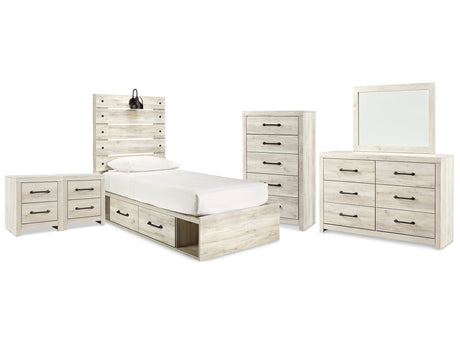 Cambeck Whitewash Twin Panel Bedroom Set with Storage, Dresser, Mirror, Chest and 2 Nightstands - Ornate Home