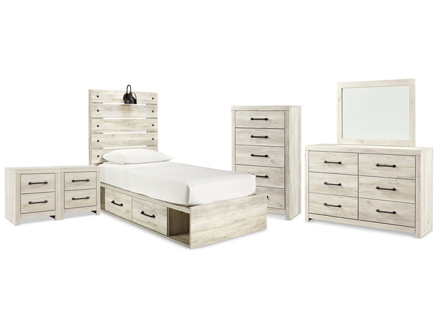 Cambeck Whitewash Twin Panel Bedroom Set with Storage, Dresser, Mirror, Chest and 2 Nightstands - Ornate Home
