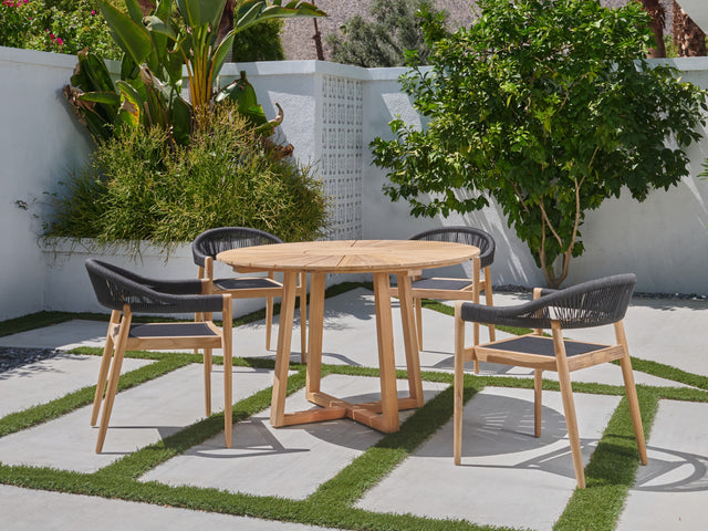 Cambria 5-Piece Round Teak Black Outdoor Dining Set with Stacking Armchairs - Ornate Home