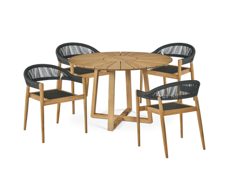 Cambria 5-Piece Round Teak Black Outdoor Dining Set with Stacking Armchairs - Ornate Home