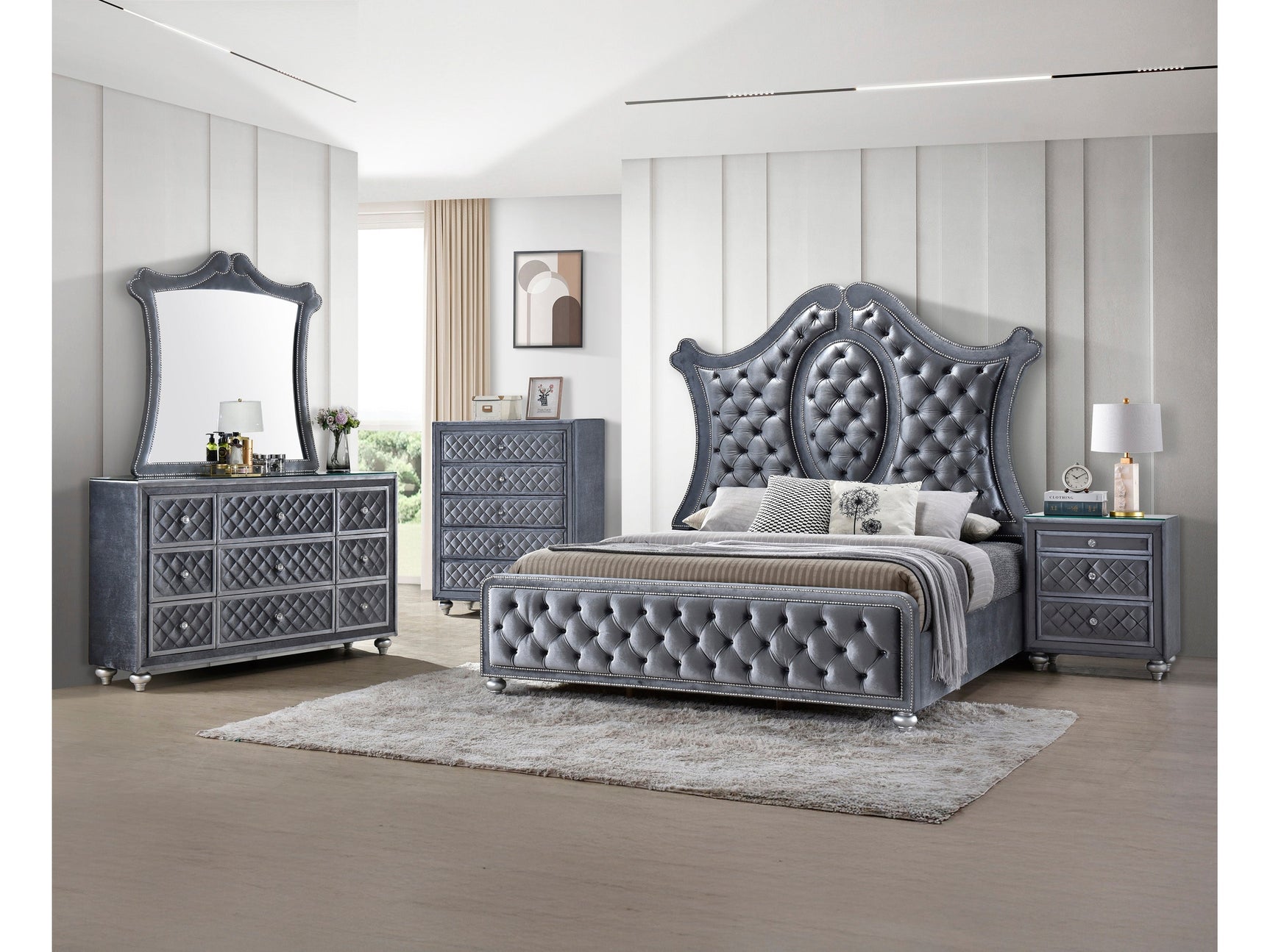 Cameo Gray Upholstered Panel Bedroom Set - Ornate Home