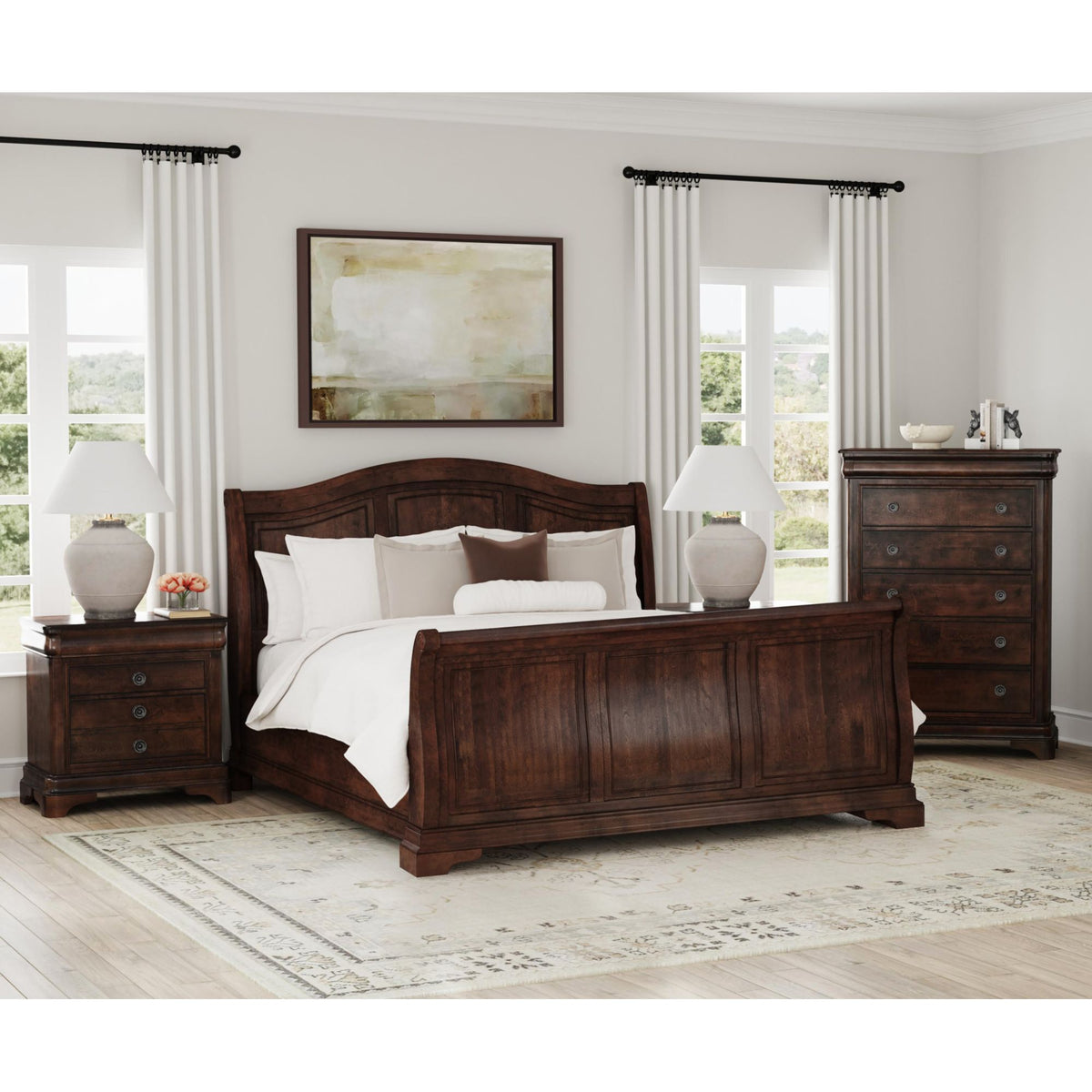 Cameron 4-Piece Cherry King Sleigh Bedroom Set with 2 Nightstands & Chest - Ornate Home