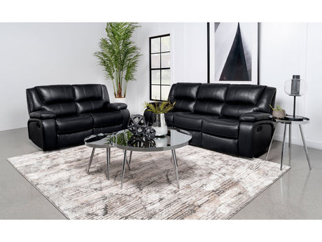 Camila Black 2-piece Upholstered Motion Reclining Sofa Set - Ornate Home