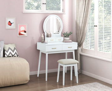 Camilla White Vanity Dresser w/Mirror and Stool - Ornate Home