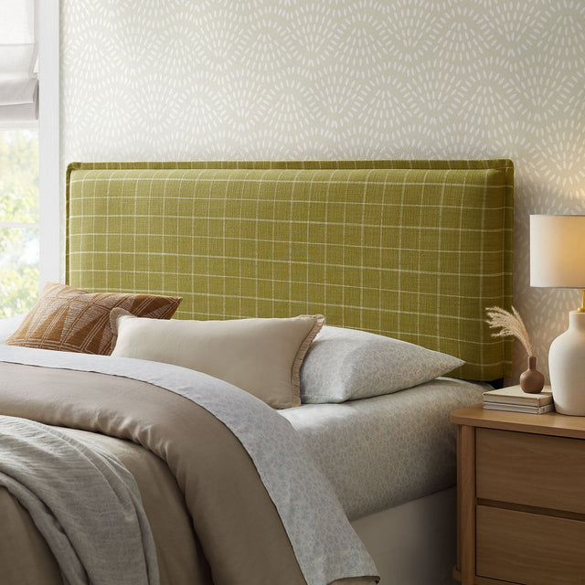 Camille Artichoke Windowpane Check Checkered Linen Blend Queen Size Headboard - Ornate Home