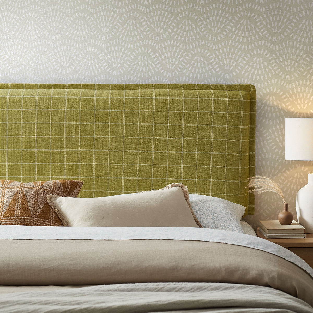 Camille Artichoke Windowpane Check Checkered Linen Blend Queen Size Headboard - Ornate Home
