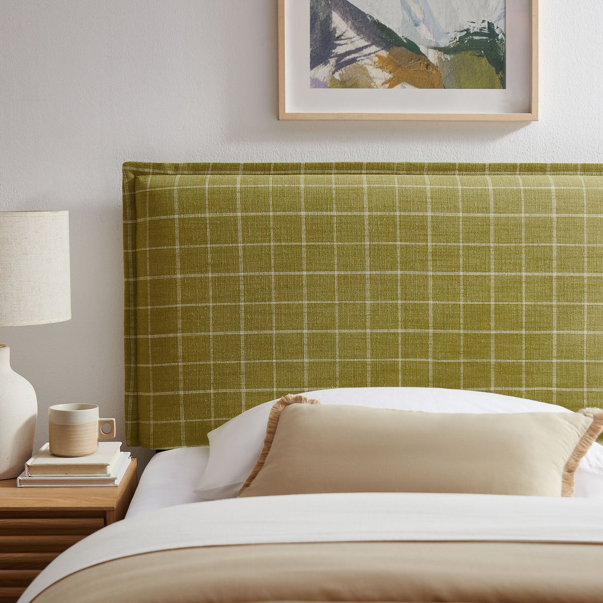 Camille Artichoke Windowpane Check Checkered Linen Blend Twin Size Headboard - Ornate Home