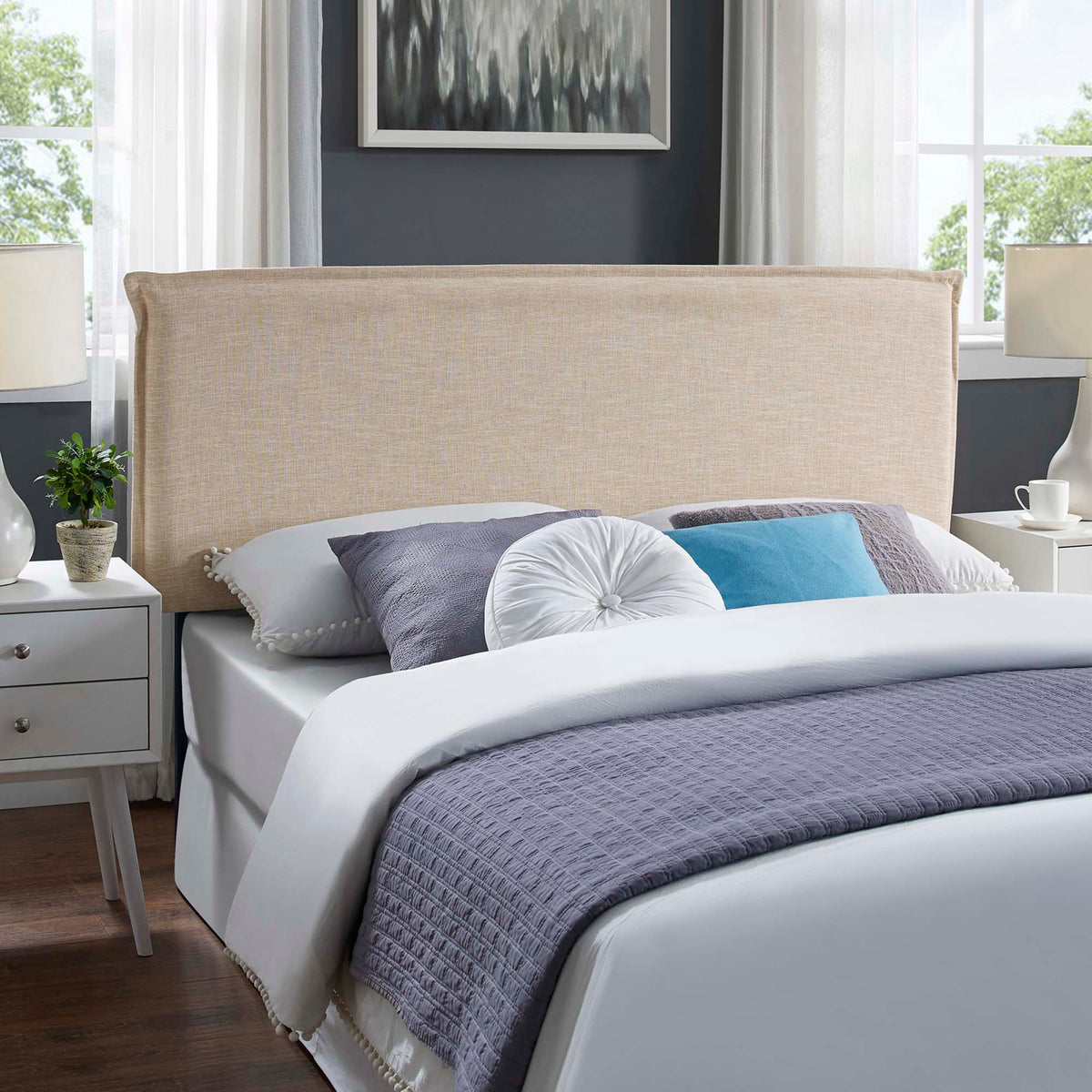 Camille Beige Upholstered Fabric Queen Headboard - Ornate Home