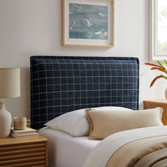 Camille Denim Windowpane Check Checkered Linen Blend Twin Size Headboard - Ornate Home