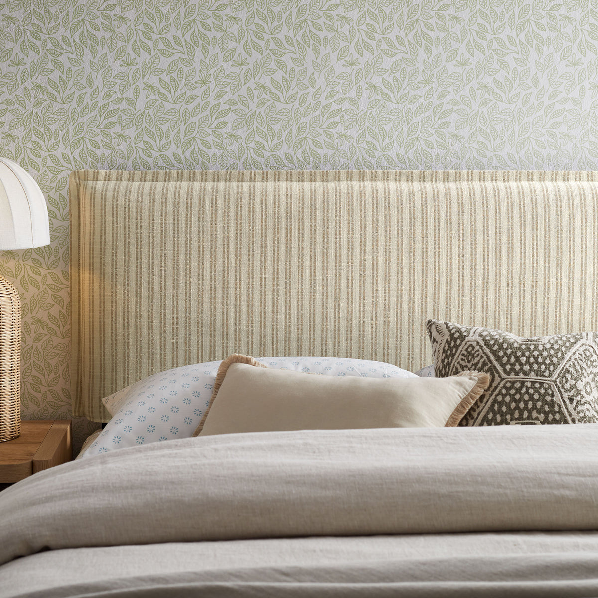 Camille Oatmeal Stripe Striped Linen Blend King Size Headboard - Ornate Home