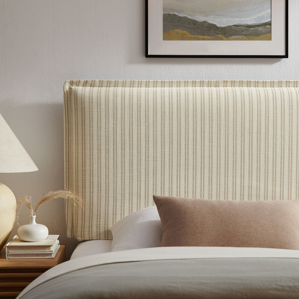 Camille Oatmeal Stripe Striped Linen Blend Twin Size Headboard - Ornate Home