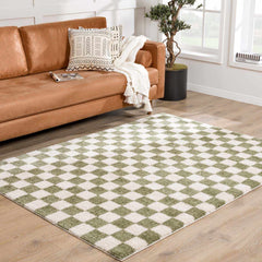 Canika Green Checkered Washable Plush Rug - Ornate Home