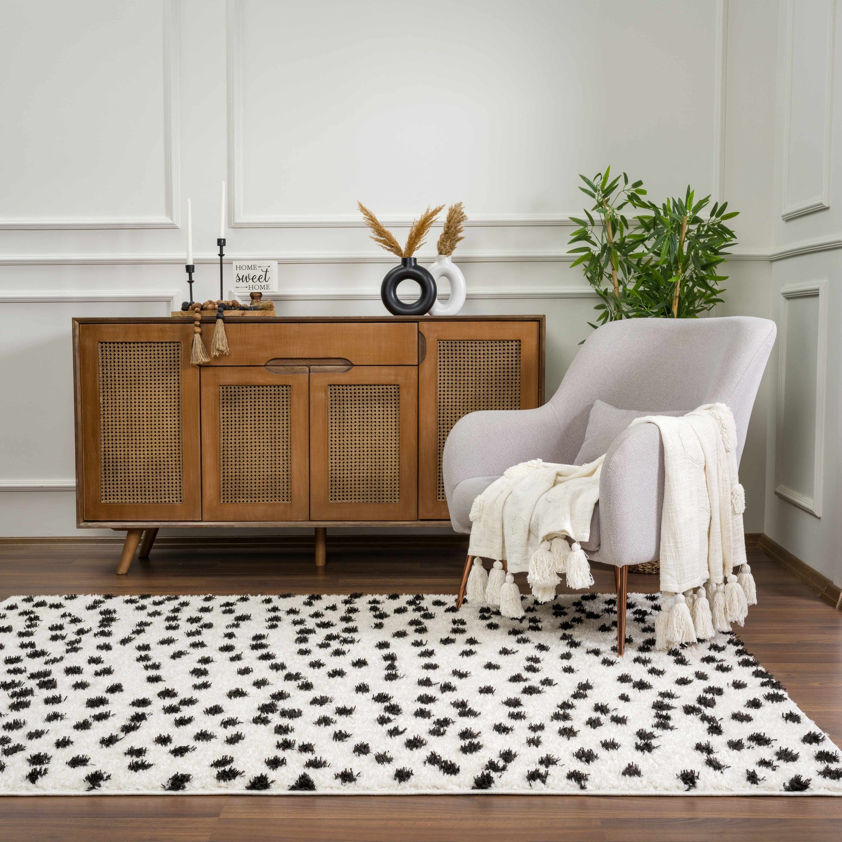 Cansu Black & White Dotted Area Rug - Ornate Home
