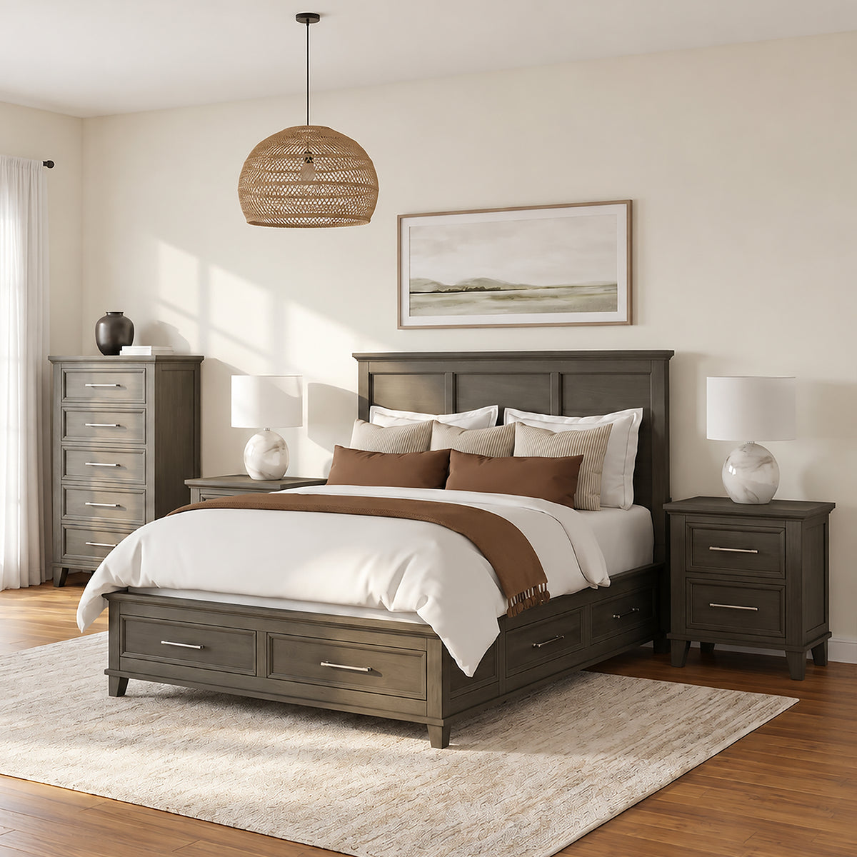 Canterbury Grey 4-Piece Queen Storage Bedroom Set with 2 Nightstands & Chest - Ornate Home
