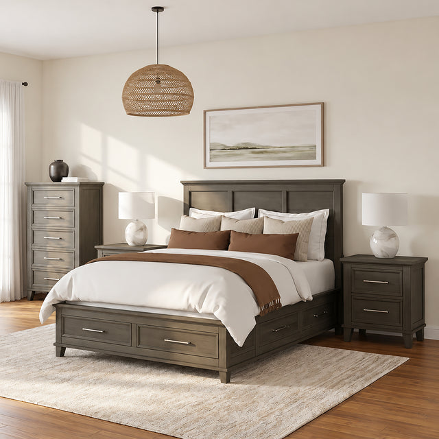 Canterbury Grey 4-Piece Queen Storage Bedroom Set with 2 Nightstands & Chest - Ornate Home