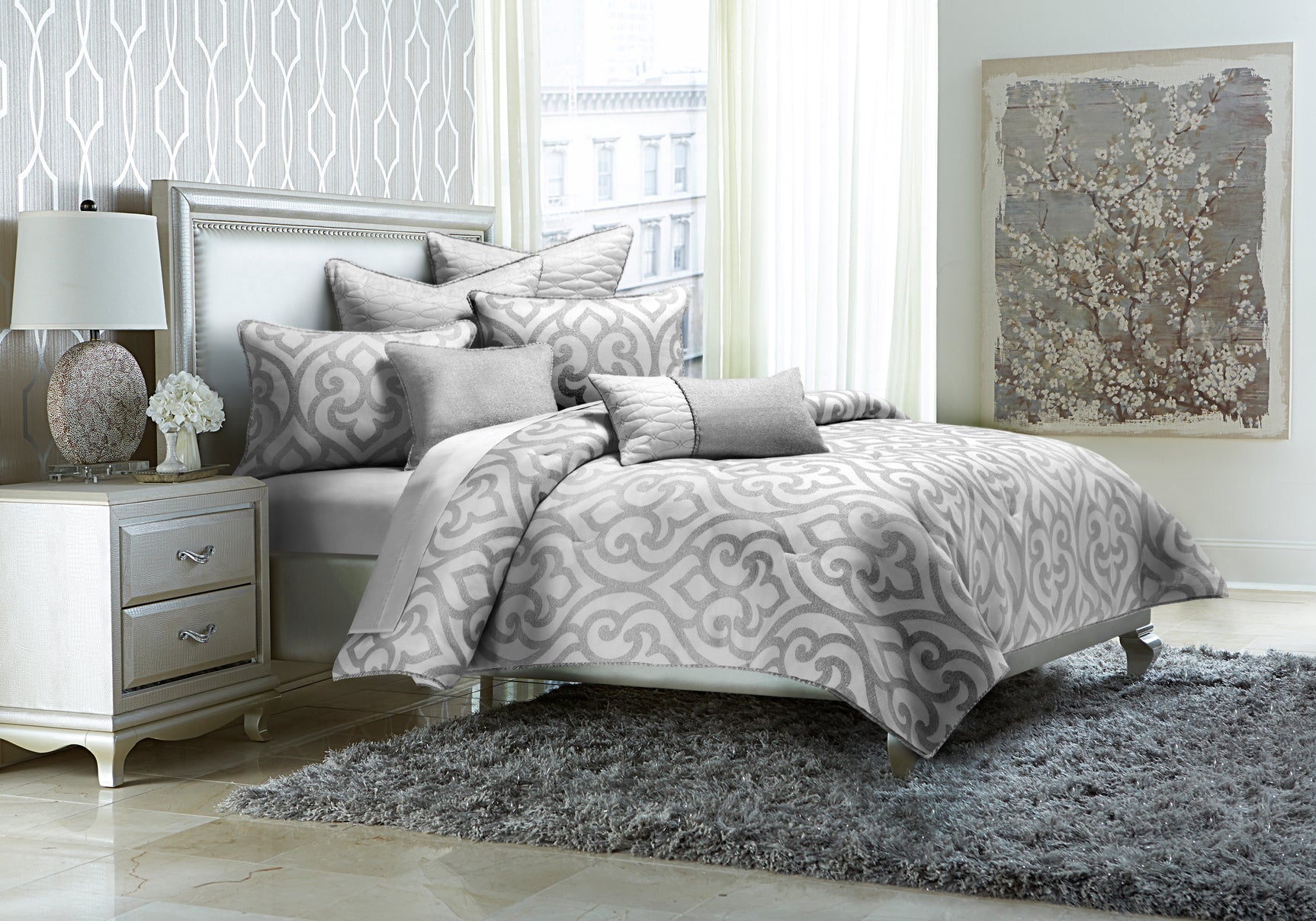 Canterbury Silver Comforter Set - Ornate Home