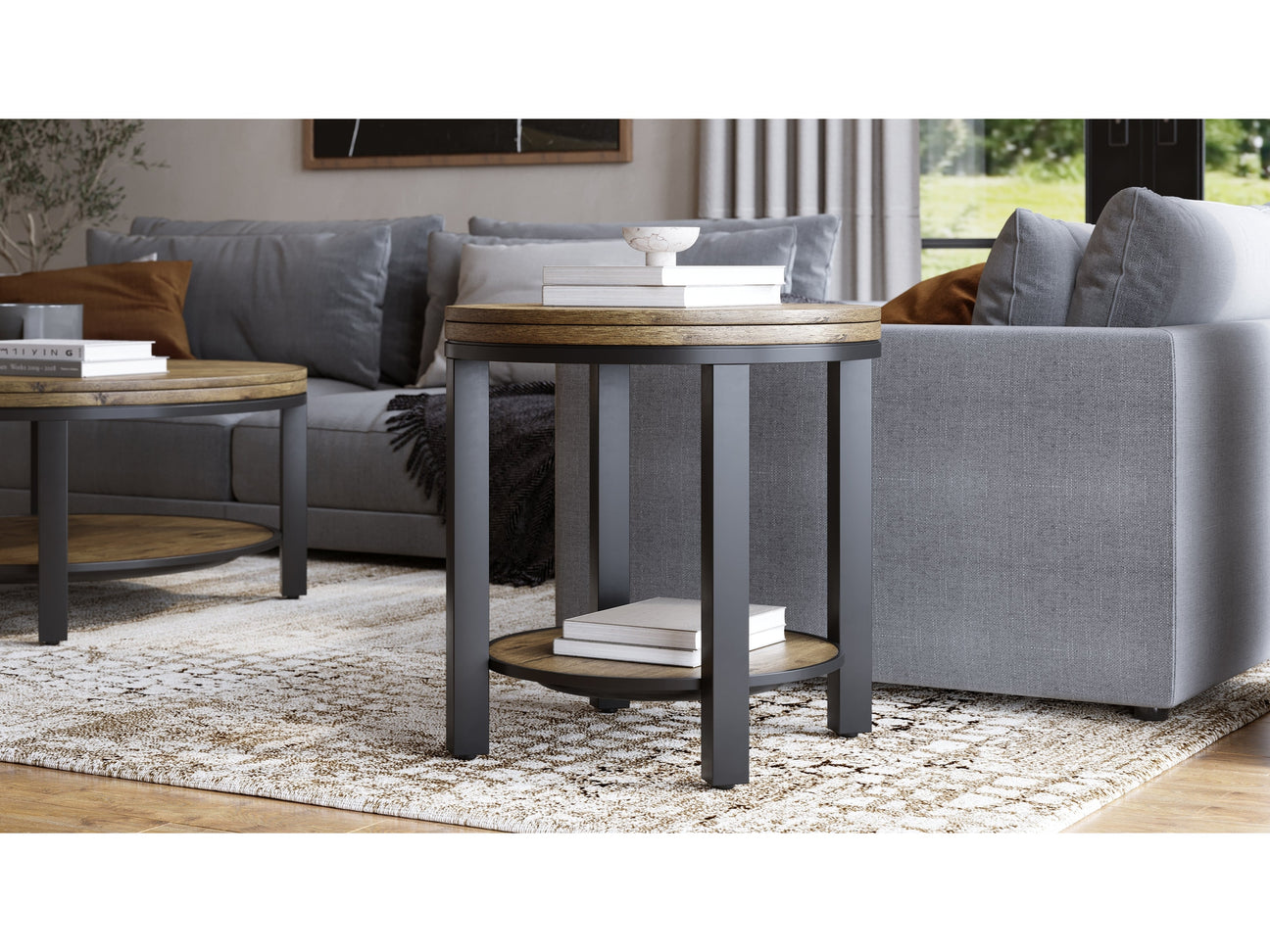 Canyon Solid Wood and Metal Round End Table in Washed Grey - Ornate Home