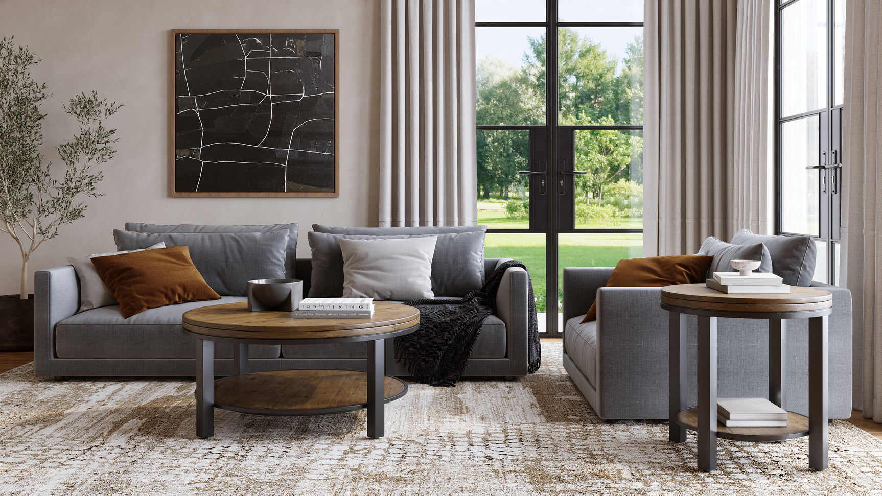 Canyon Solid Wood and Metal Round End Table in Washed Grey - Ornate Home