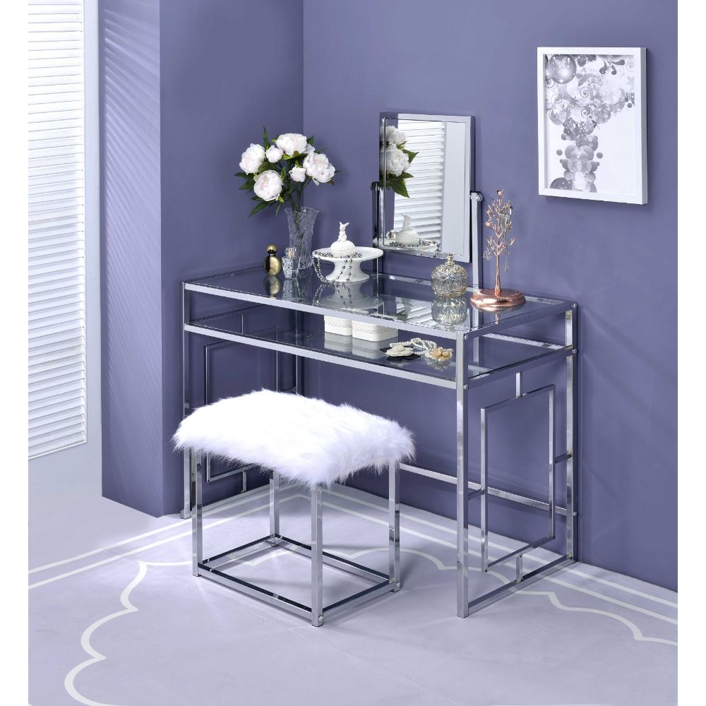 Carenze II White Faux Fur & Chrome Vanity Set - Ornate Home