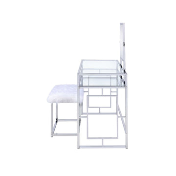 Carenze II White Faux Fur & Chrome Vanity Set - Ornate Home