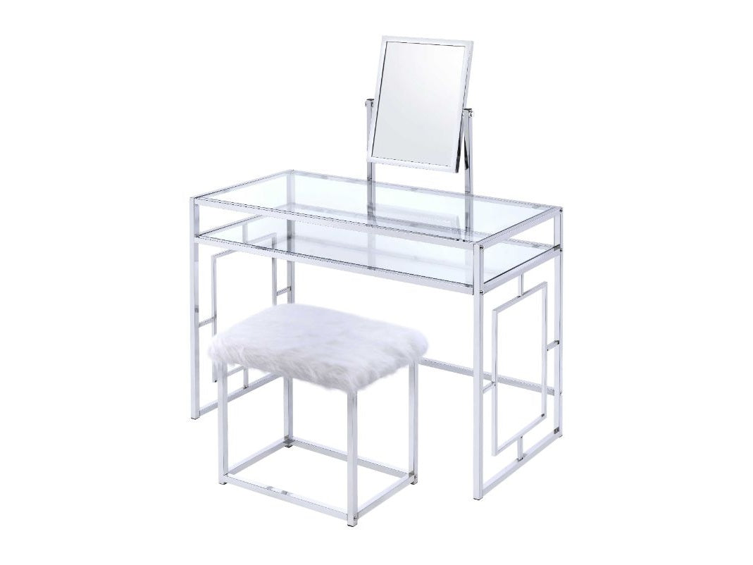 Carenze II White Faux Fur & Chrome Vanity Set - Ornate Home