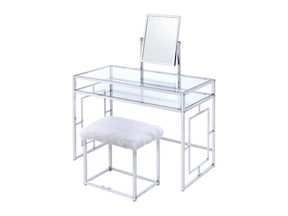 Carenze II White Faux Fur & Chrome Vanity Set - Ornate Home