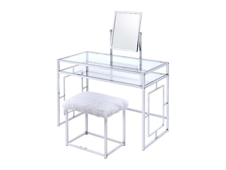 Carenze II White Faux Fur & Chrome Vanity Set - Ornate Home