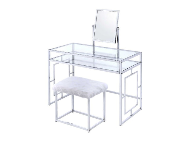 Carenze II White Faux Fur & Chrome Vanity Set - Ornate Home
