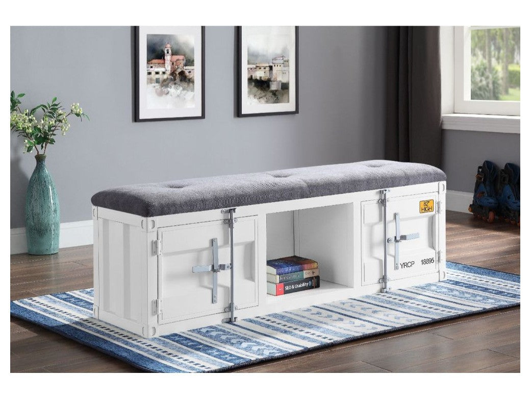 Cargo Gray Fabric & White Bench (Storage) - Ornate Home